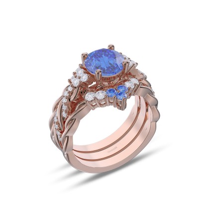Rose Gold Round Cut Blue Sapphire 925 Sterling Silver 3-Piece Twisted Bridal Sets