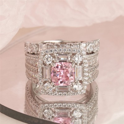 Gorgeous Cushion Cut Pink Sapphire 925 Sterling Silver Halo Bridal Sets