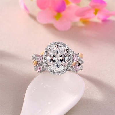 Oval Cut White Sapphire 925 Sterling Silver Two Tone Halo Bridal Sets