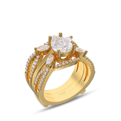 Yellow Gold Pear Cut White Sapphire 925 Sterling Silver Twisted Insert Bridal Sets