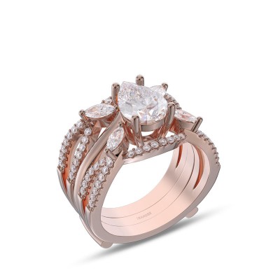 Rose Gold Pear Cut White Sapphire 925 Sterling Silver Twisted Insert Bridal Sets