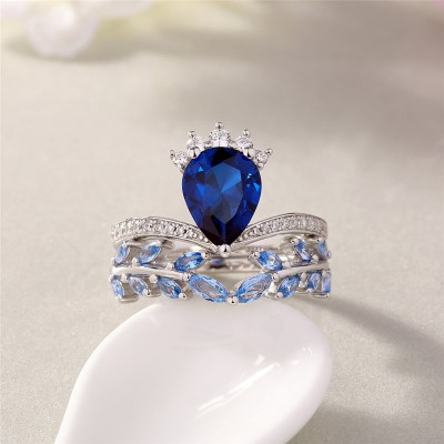 Pear Cut Blue Sapphire 925 Sterling Silver Leaf Bridal Sets