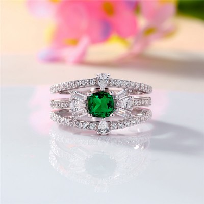 Cushion Cut Emerald 925 Sterling Silver Insert Bridal Sets