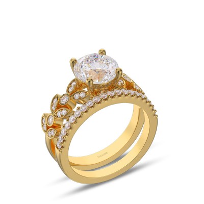 Yellow Gold Round Cut White Sapphire 925 Sterling Silver Leaf Bridal Sets