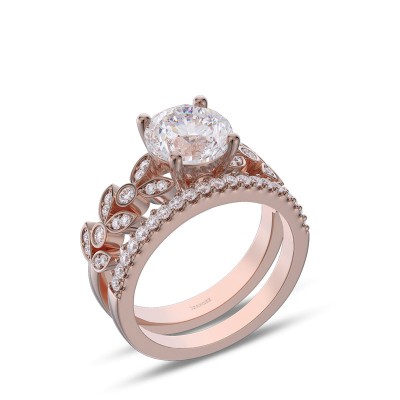 Rose Gold Round Cut White Sapphire 925 Sterling Silver Leaf Bridal Sets