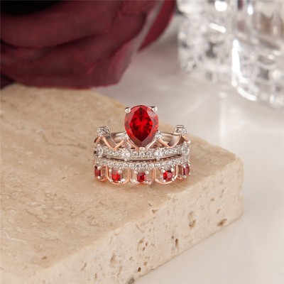 Pear Cut Garnet 925 Sterling Silver Two Tone Crown Bridal Sets