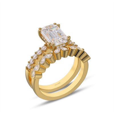 Yellow Gold Emerald Cut White Sapphire 925 Sterling Silver Bridal Sets