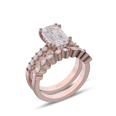 Rose Gold Emerald Cut White Sapphire 925 Sterling Silver Bridal Sets