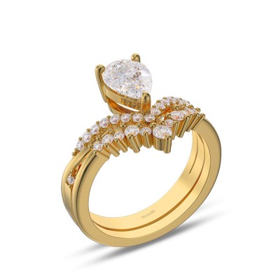 Yellow Gold Pear Cut White Sapphire Sterling Silver Curved Bridal Sets