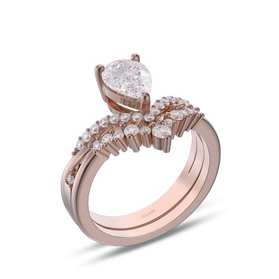 Rose Gold Pear Cut White Sapphire Sterling Silver Curved Bridal Sets