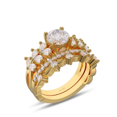 Yellow Gold Round Cut White Sapphire Sterling Silver Heart Bridal Sets