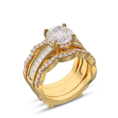Yellow Gold Round Cut White Sapphire Sterling Silver Insert Bridal Sets