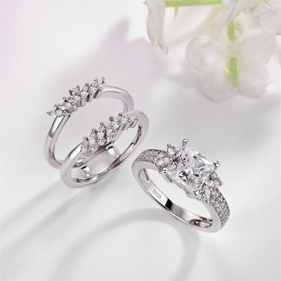 Princess Cut White Sapphire Sterling Silver Insert Jacket Three Stone Bridal Sets