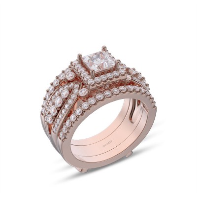 Rose Gold Princess Cut White Sapphire Sterling Silver Insert Halo Bridal Sets