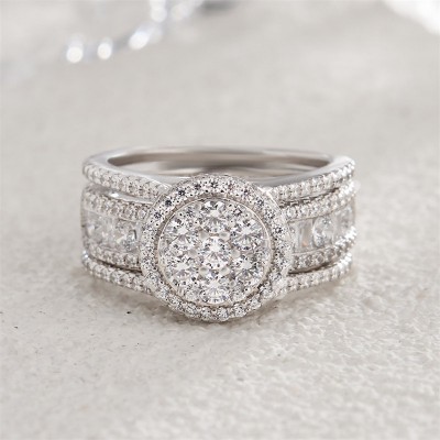 Cluster Round Cut White Sapphire Sterling Silver Halo Insert 2-Piece Bridal Sets