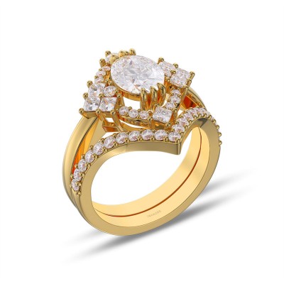 Yellow Gold Oval Cut White Sapphire 925 Sterling Silver Curved Halo Bridal Sets