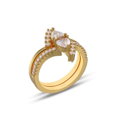 Yellow Gold Two Stone Heart Cut White Sapphire 925 Sterling Silver Bridal Sets