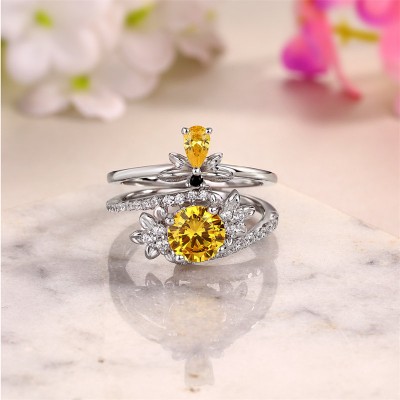 Round Cut Yellow Topaz 925 Sterling Silver Bee Flower Bridal Sets