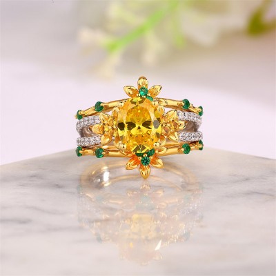 Two Tone Oval Cut Yellow Topaz 925 Sterling Silver 3-Piece Flower Bridal Sets