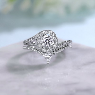 Round Cut White Sapphire 925 Sterling Silver Curved Bridal Sets