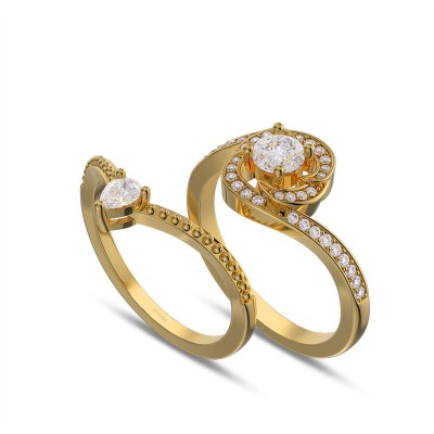 Yellow Gold Round Cut White Sapphire 925 Sterling Silver Curved Bridal Sets