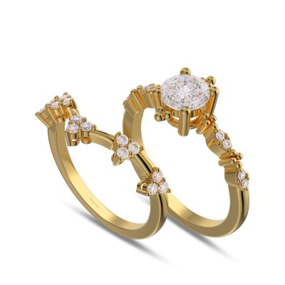 Yellow Gold Round Cut White Sapphire 925 Sterling Silver Curved Bridal Sets