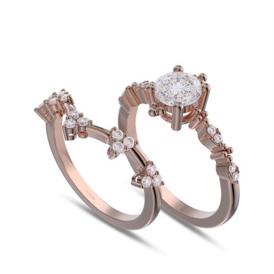 Rose Gold Round Cut White Sapphire 925 Sterling Silver Curved Bridal Sets