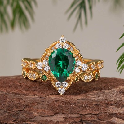 Yellow Gold Pear Cut Emerald 925 Sterling Silver Bridal Sets