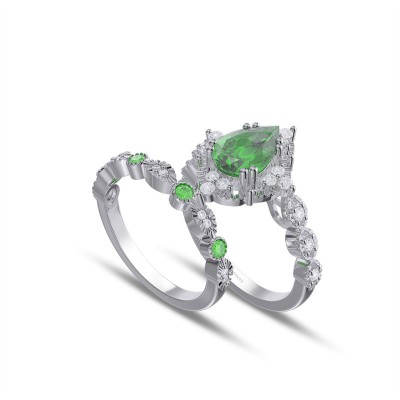 Pear Cut Emerald 925 Sterling Silver Bridal Sets