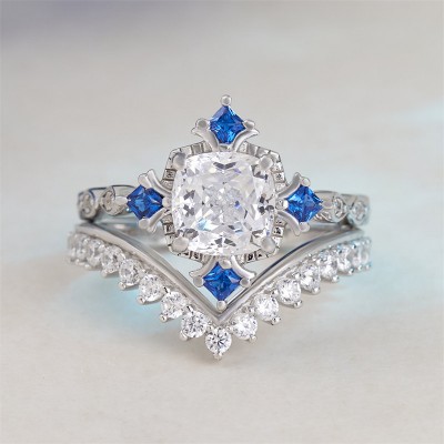 Vintage Cushion Cut White Sapphire 925 Sterling Silver Curved Bridal Sets