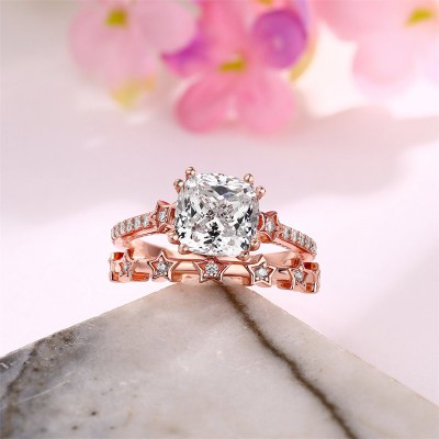 Rose Gold Cushion Cut White Sapphire 925 Sterling Silver Star Bridal Sets