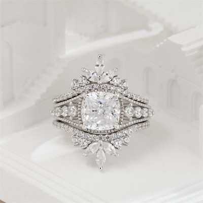 Cushion Cut White Sapphire 925 Sterling Silver Enhanced 3-Piece Bridal Sets