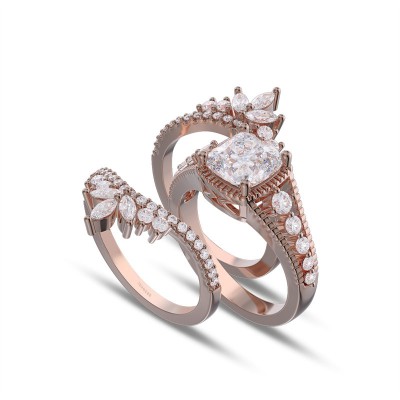 Rose Gold Cushion Cut White Sapphire 925 Sterling Silver Enhanced 3-Piece Bridal Sets