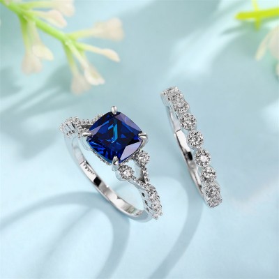 Cushion Cut Blue Sapphire 925 Sterling Silver Bridal Sets