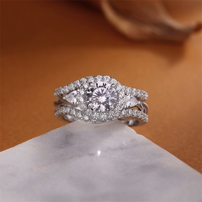 Round Cut White Sapphire 925 Sterling Silver Twisted Halo 3-Piece Bridal Sets