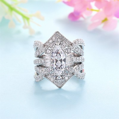 Marquise Cut White Sapphire 925 Sterling Silver Halo 3-Piece Bridal Sets