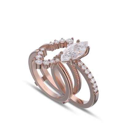 Rose Gold Marquise Cut White Sapphire 925 Sterling Silver Halo Insert Bridal Sets