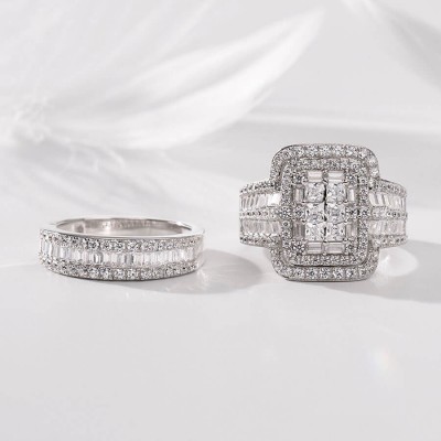 Princess Cut White Sapphire 925 Sterling Silver 2 Pieces Halo Bridal Sets