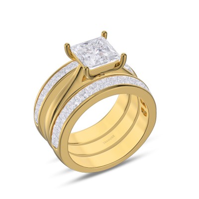 Yellow Gold Princess Cut White Sapphire 925 Sterling Silver 3-Piece Bridal Sets