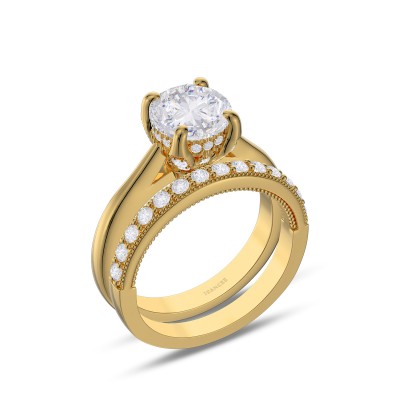 Yellow Gold Classic Round Cut White Sapphire 925 Sterling Silver Bridal Sets