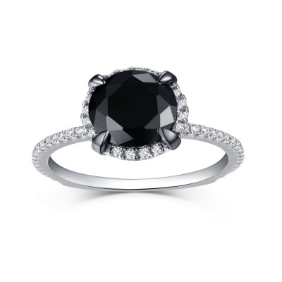 Round Cut 925 Sterling Silver Halo Black Sapphire Engagement Rings