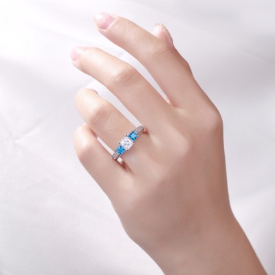 Princess Cut Aquamarine & White Sapphire S925 Three-Stone Engagement Rings
