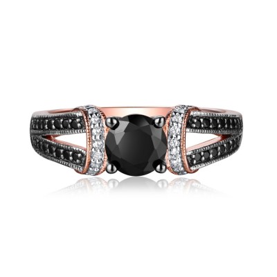 Round Cut Black & White Sapphire Rose Gold S925 Engagement Rings