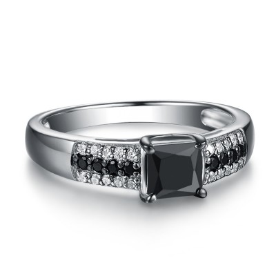 Princess Cut 925 Sterling Silver Black & White Sapphire Engagement Rings