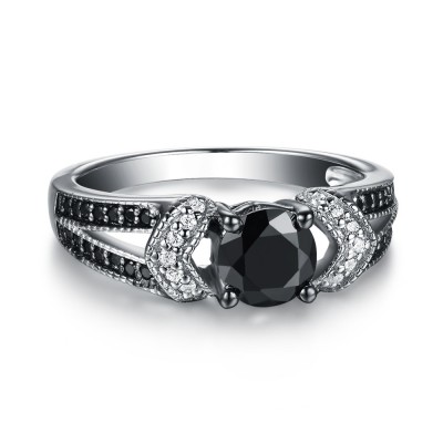 Round Cut 925 Sterling Silver Black & White Sapphire Engagement Rings