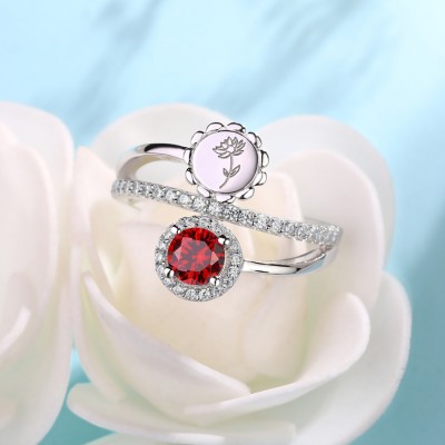 Personalized Round Birthstone with Birth Flower 925 Sterling Silver Halo Ring