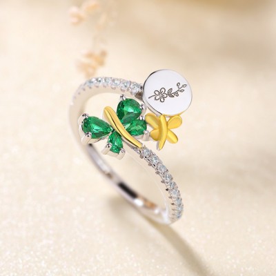 Personalized Pear Cut Birthstone with Birth Flower 925 Sterling Silver Butterfly Ring
