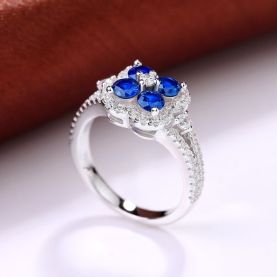 Round Cut Blue Sapphire Sterling Silver Clover Halo Engagement Ring