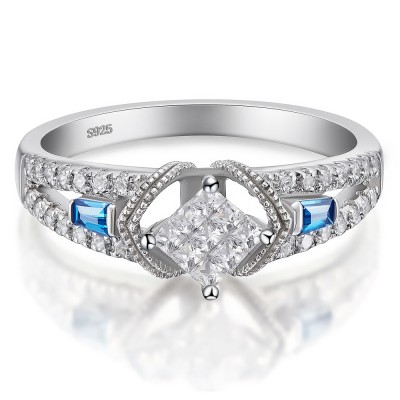 Princess Cut 925 Sterling Silver Aquamarine Sapphire Women's Engagement Ring