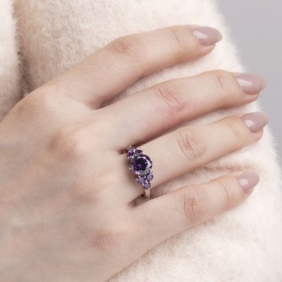 Round Cut Amethyst 925 Sterling Silver Engagement Ring